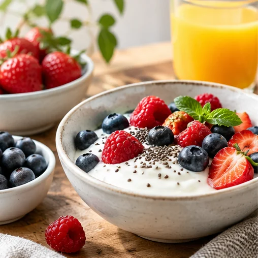 Mixed berries over plain yogurt with small seeds